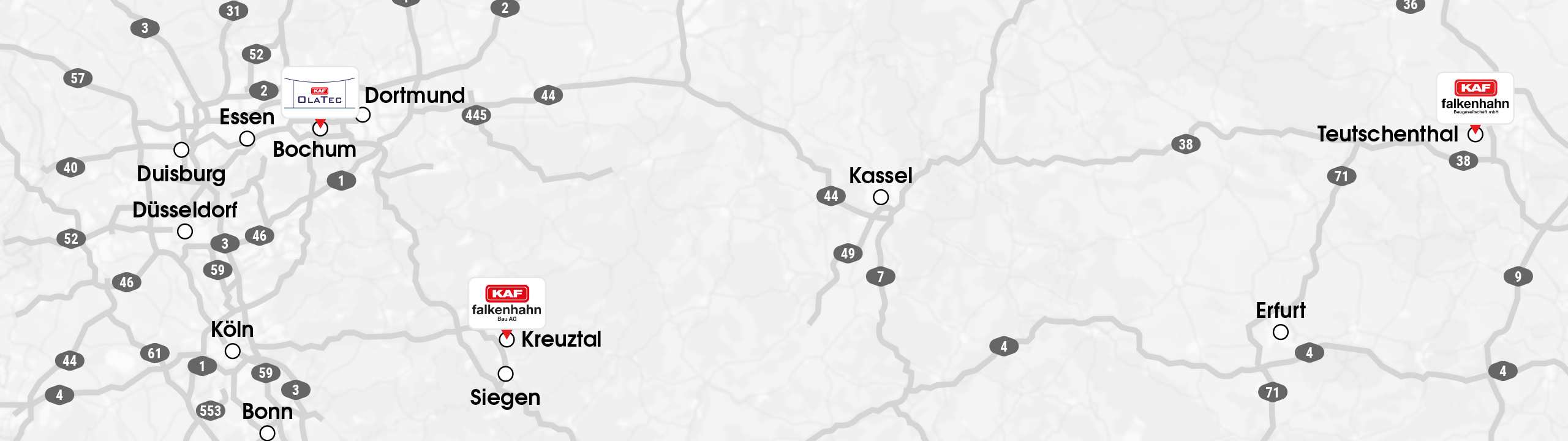 die Standorte Kreuztal, Bochum und Teutschenthal auf einer Übersichtskarte